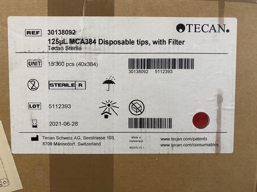 TECAN 125μL Disposable Tips Filtered Sterile Single Stack 30138092 (15360/tips)