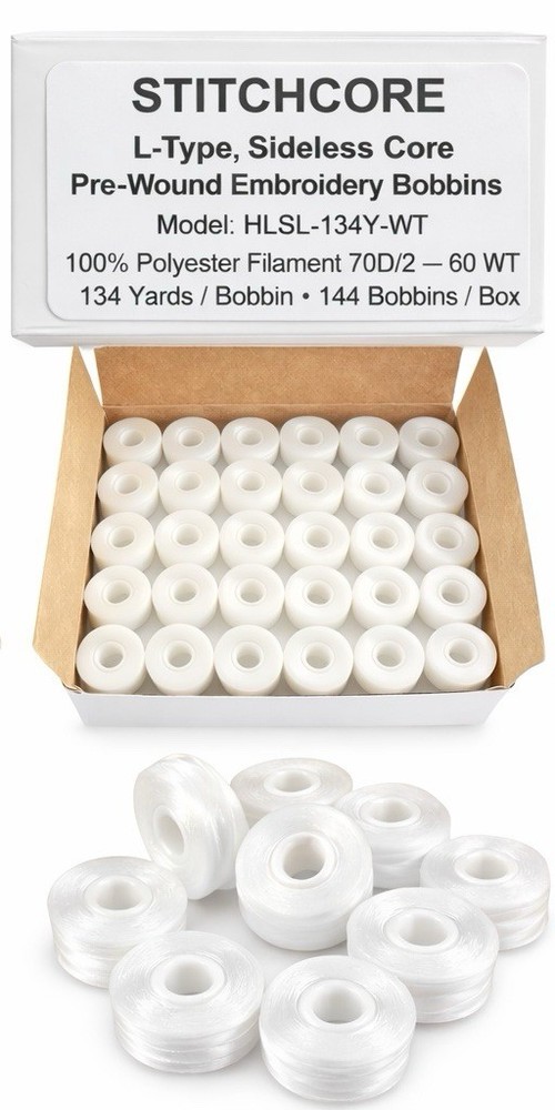 STITCHCORE L-Type Sideless Pre-Wound Embroidery Bobbins Polyester 60WT 134Y