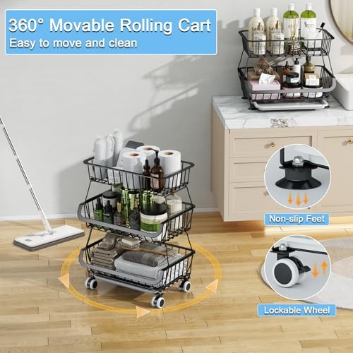 3-Tier Rolling Pantry Floor Organizer, Stackable Pantry 3 Tier Black (1 Pack）