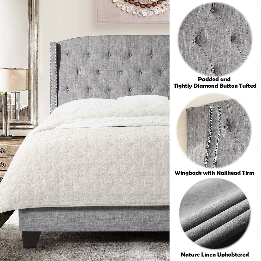 King Size Upholstered Platform Bed Frame W/ Adjustable Wingback Headboard Box