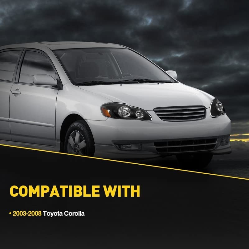 Headlight Assembly, Compatible with 2003-2008 Corolla, Amber Corner, Black