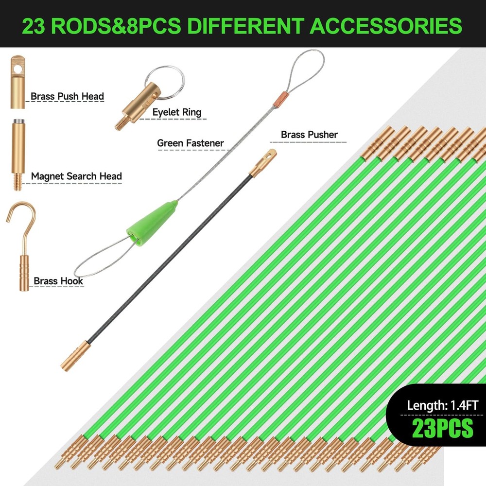 32.2FT Fiberglass Running Electrical Wire Cable Glow Rods Wire Pulling, Fish ...