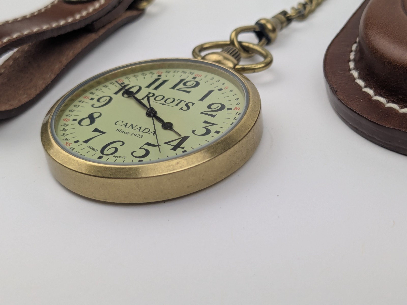Vtg Roots Canada Pocket Watch R89 With Fob Chain 43mm Leather