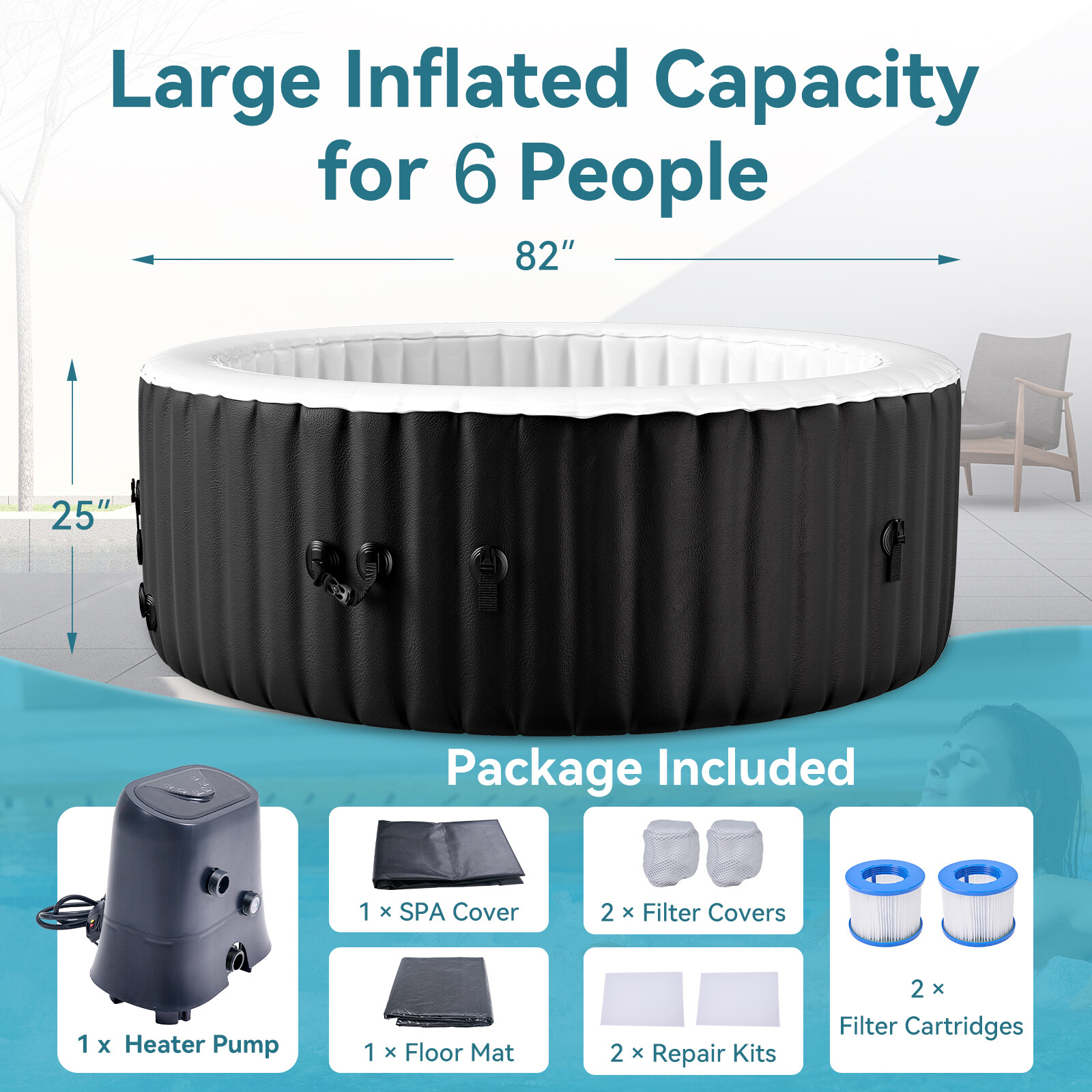 NAIZEA Portable Hot Tub 82X82X25 Inch Air Jet Spa 6 Person with 130 Bubble Jets