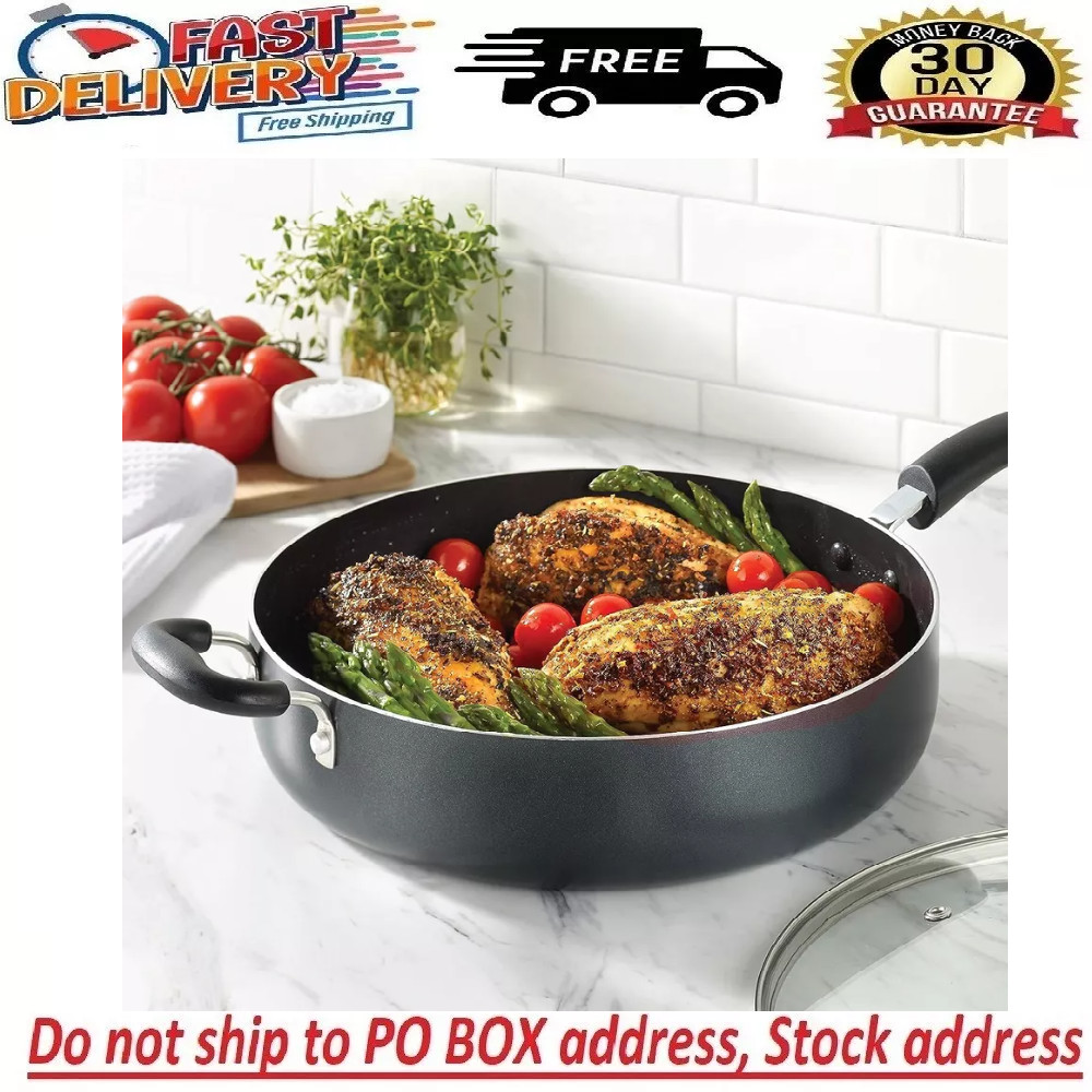 Large Deep Frying Pan With Glass Lid Non Stick Saute Fry Pan 2 Handle 5 QT