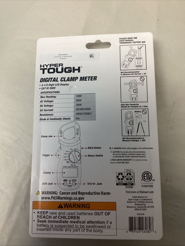 Hyper Tough DIGITAL CLAMP METER AC DC 300V LCD Display Diode & Continuity Check