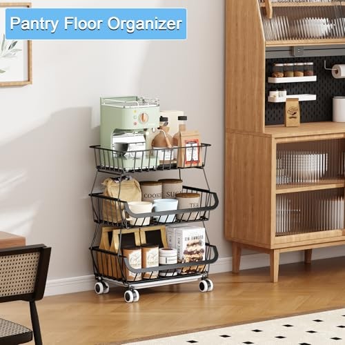 3-Tier Rolling Pantry Floor Organizer, Stackable Pantry 3 Tier Black (1 Pack）