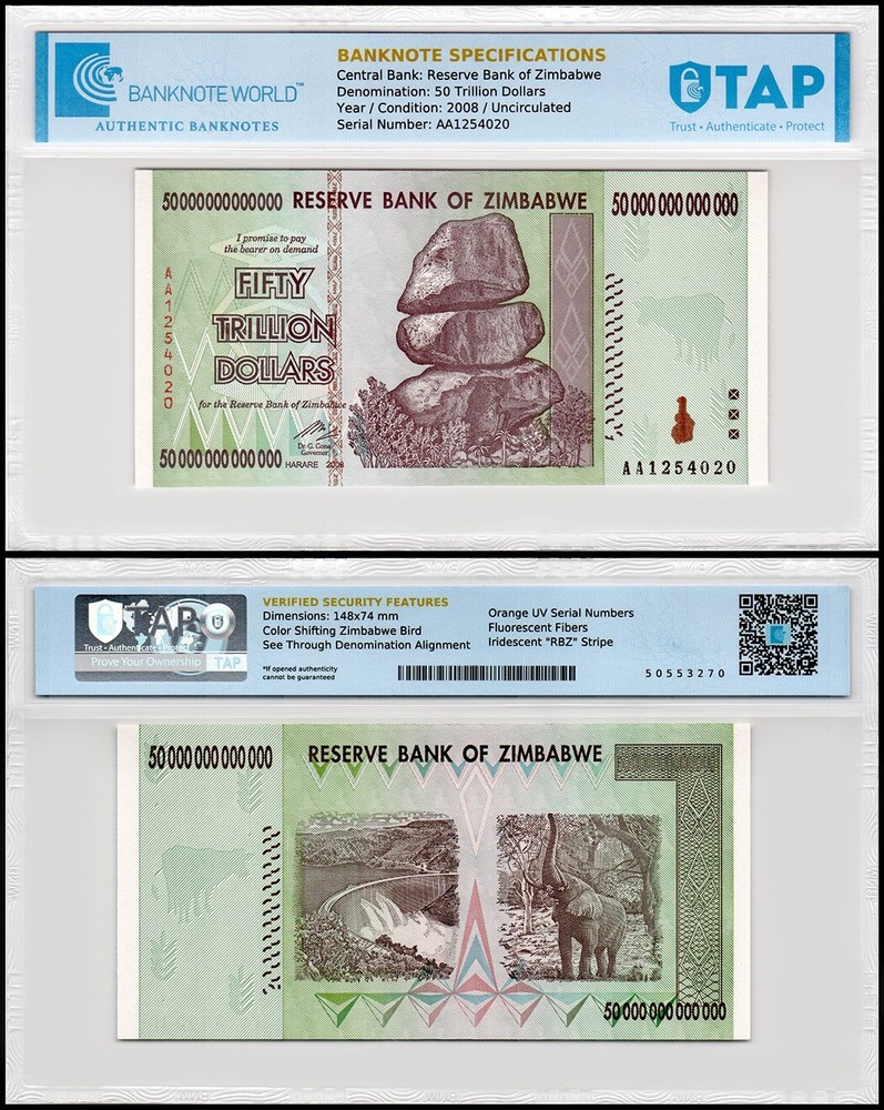 Zimbabwe 50 Trillion Dollars, 2008, AA, P-90, UNC, Authenticated