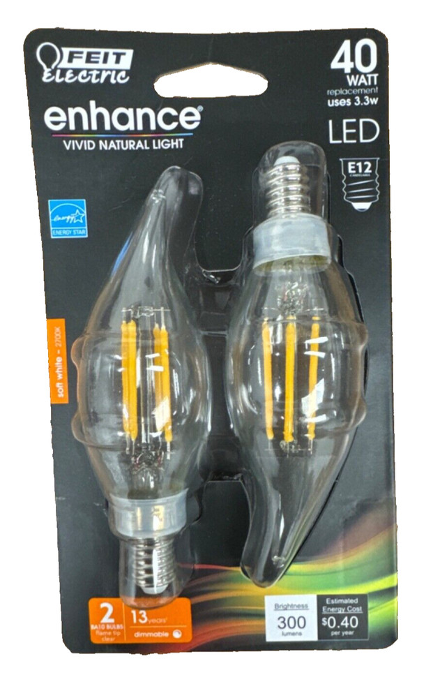 Feit Electric 40-Watt Equivalent BA10 E12 Light Bulb, Soft White (2-Pack)