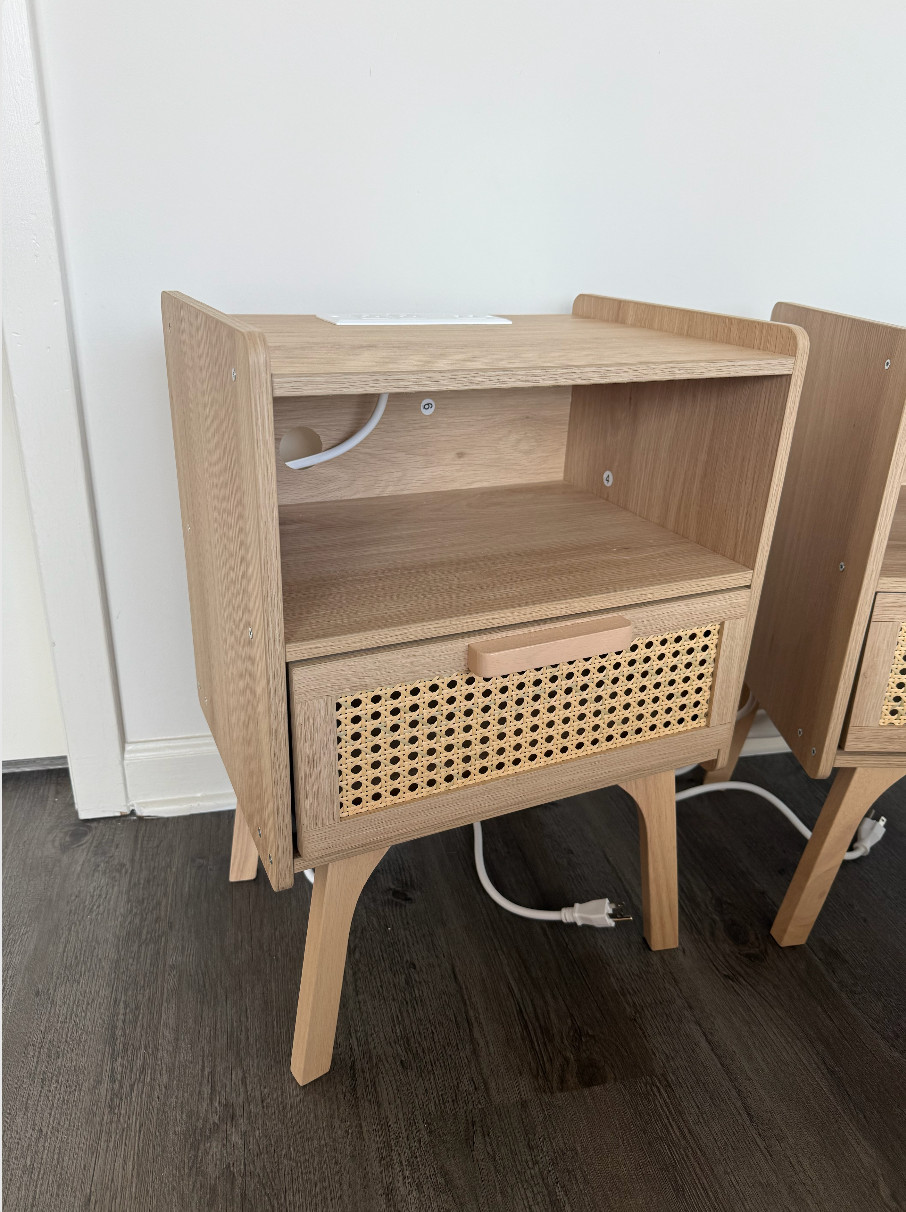 Set of 2 Brand New Night Stands Beige Wood Color Drawer Storage Powered Outlets!