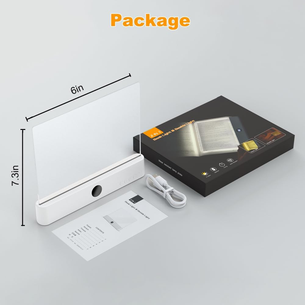 Book Light, Rechargeable Clear LED Flat Reading Light with 3 Colors & Timer, Dim