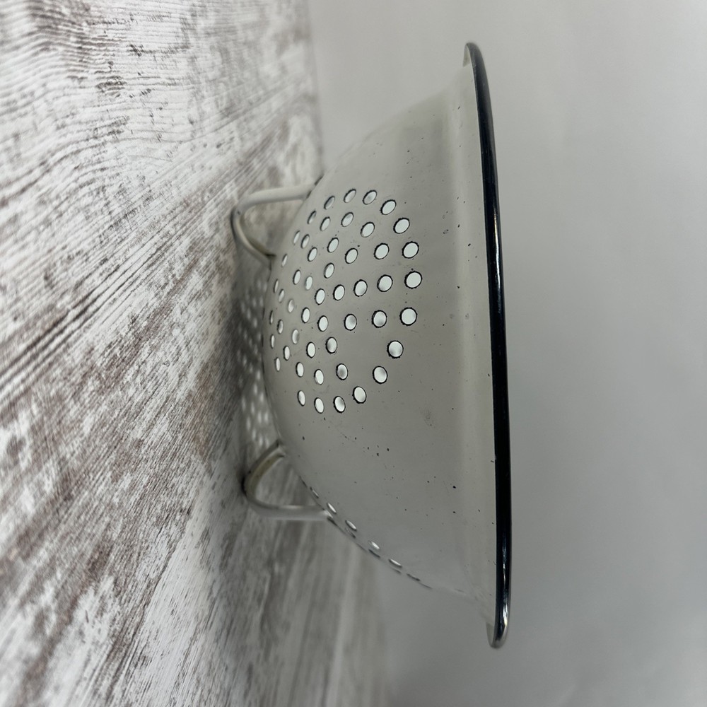 Vintage White Enamelware Colander Strainer 9.5”