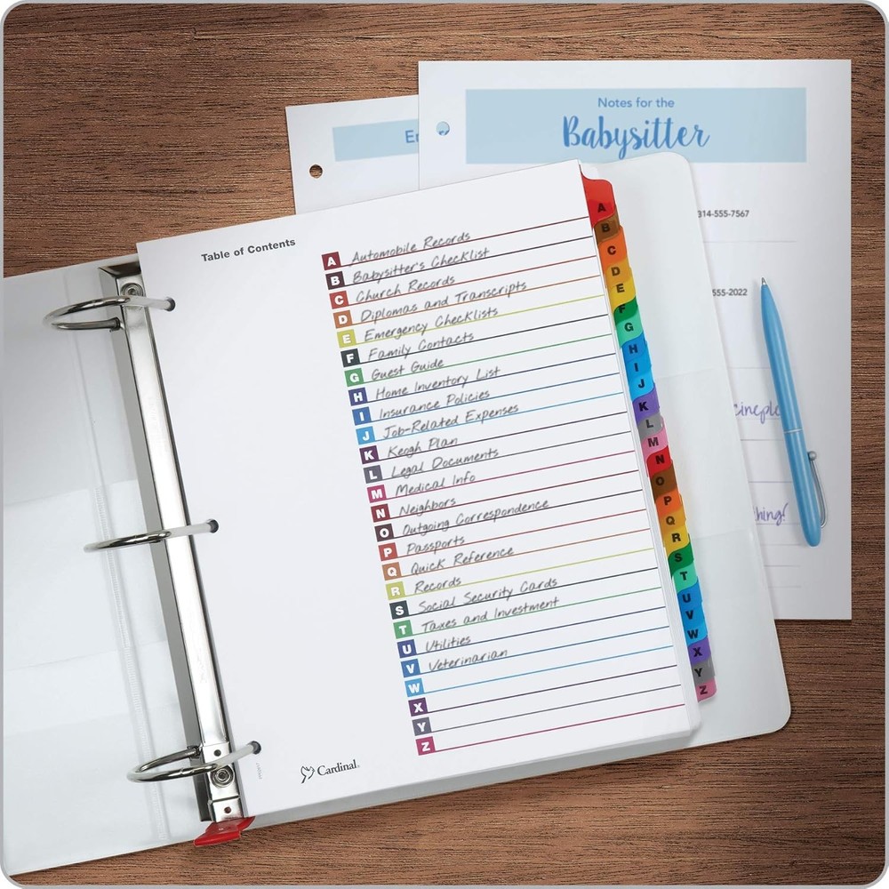 Cardinal A-Z Tab Dividers for 3 Ring Binders, Customizable Letter, Assorted
