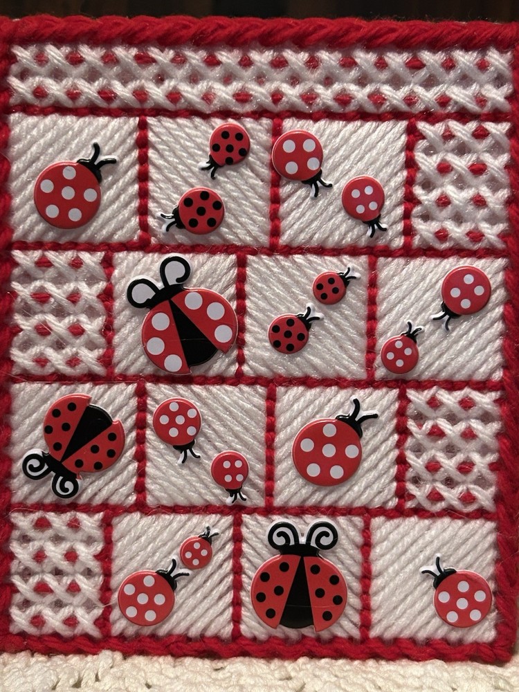 LADYBUG SAMPLER RED & WHITE NEW HANDMADE PLASTIC CANVAS TISSUE BOX COVER CUBE
