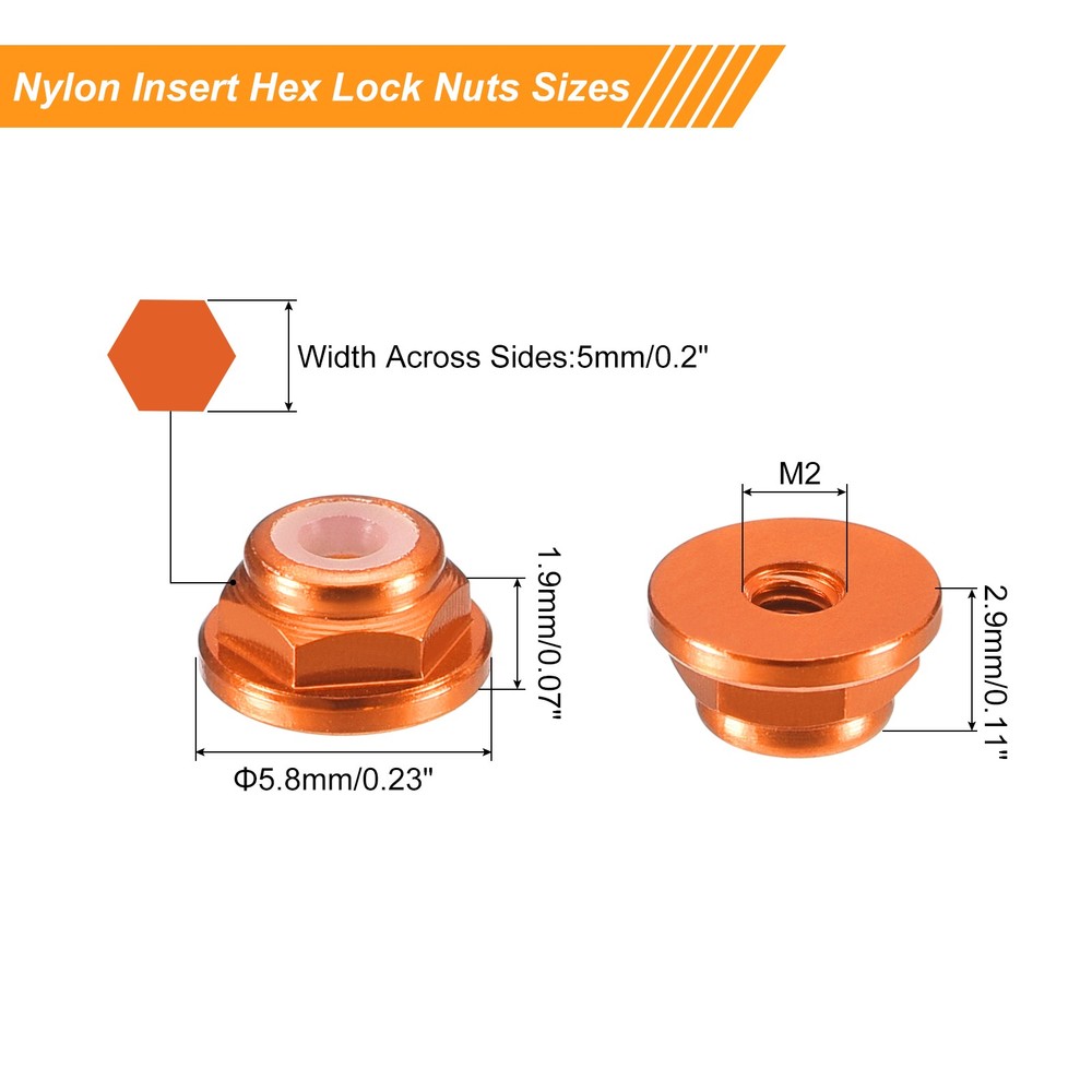 Nylon Insert Hex Lock Nuts, 10pcs - M2x0.4mm Self-Locking Nut(Orange)