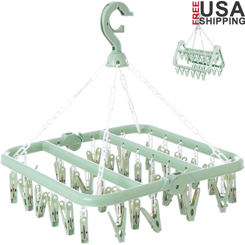 Foldable Laundry Drying Rack 32 Clips 360° Rotating Hook Portable Plastic New