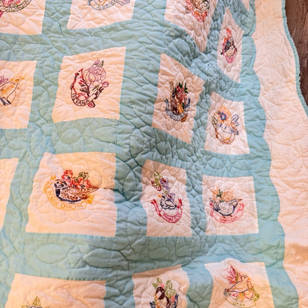 Vintage Handmade State Bird Quilt Blue White Embroidered Patchwork