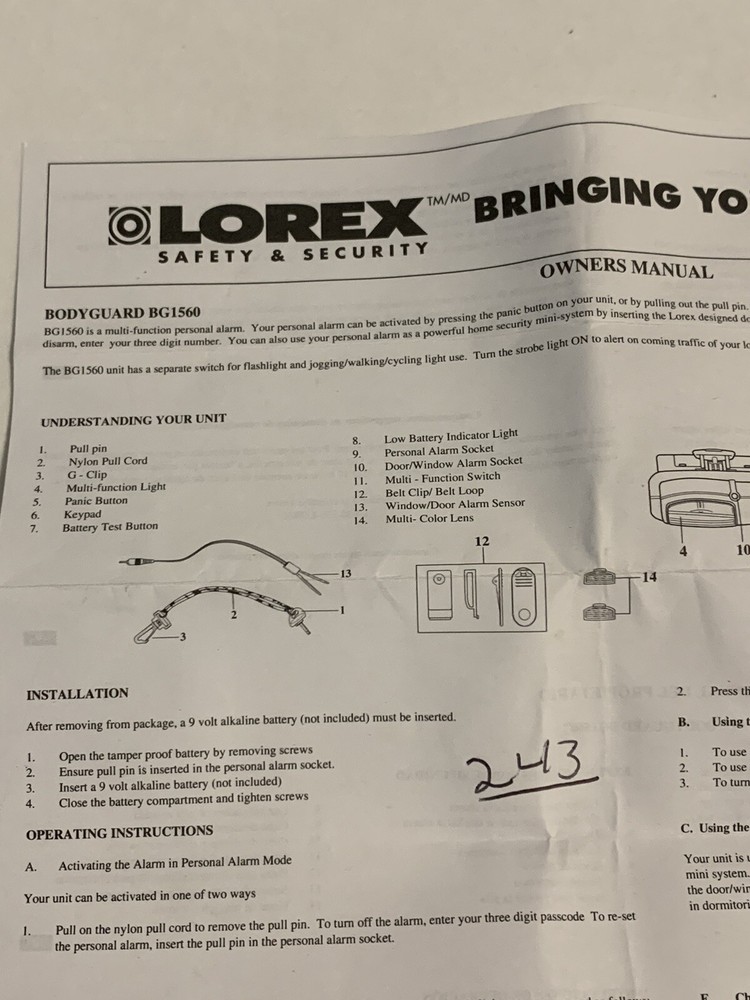 Lorex Handheld Safety & Secrity Bodyguard BG156, Panic (untested)