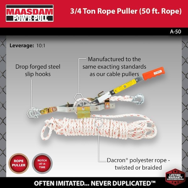 Maasdam A-50 Rope Ratchet Puller, 50 Ft., 19" Handle L