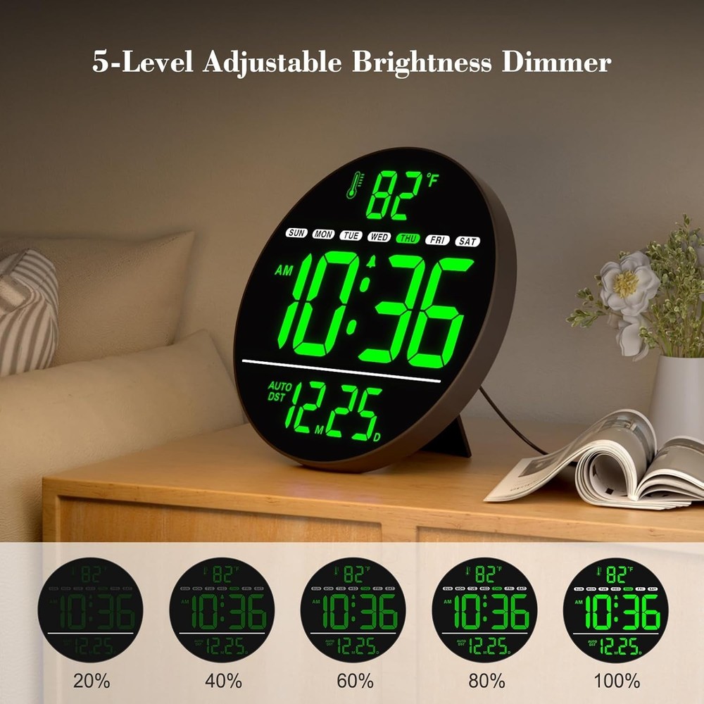 Digital Wall Clock with Large LED Display, Auto-Brightness, Temperature, Low-...