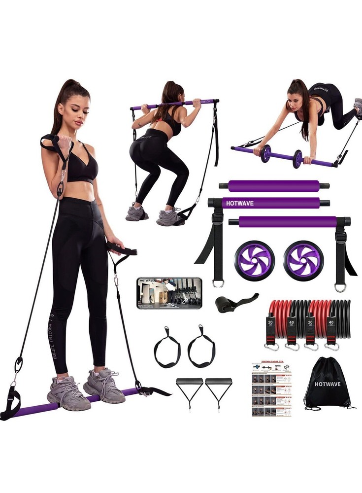 Hotwave Pilates Bar Kit Exercise System Portable Gym Pink