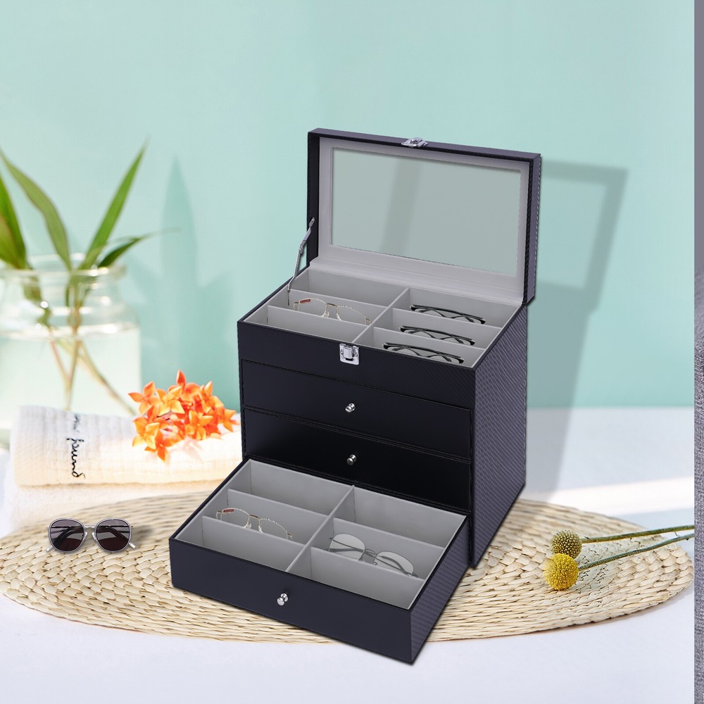 Glasses display box, 24 compartments, with clear skylight, black