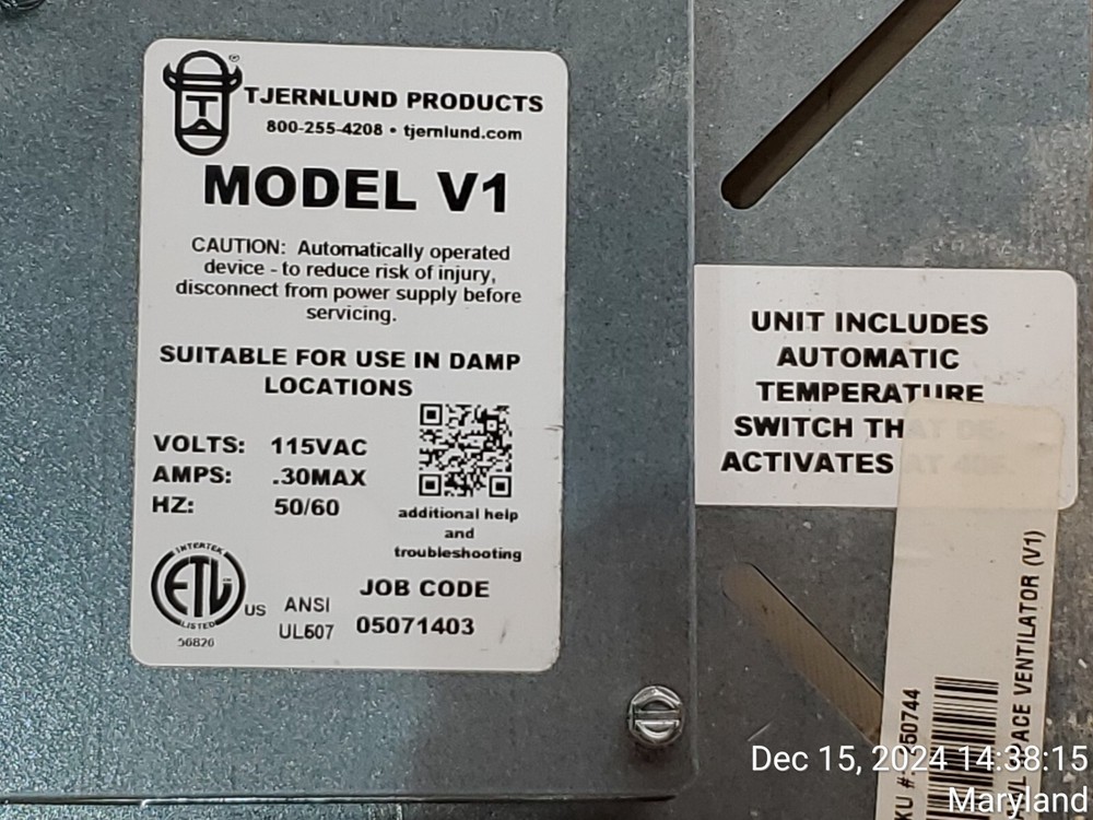 Tjernlund Model V1 Crawl Space Ventilator 110 CFM