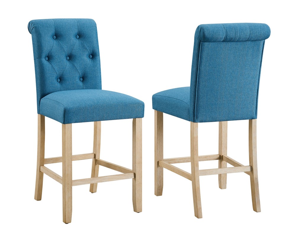 Counter Height Button Tufted Back Solid Wood Stools, Set of 2, Blue