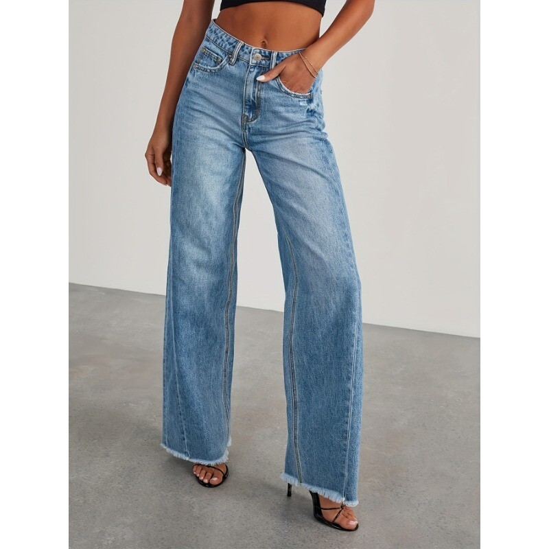 Women's Fashion Casual High-Waisted Wide Leg Stretch Denim Jeans With Pockets