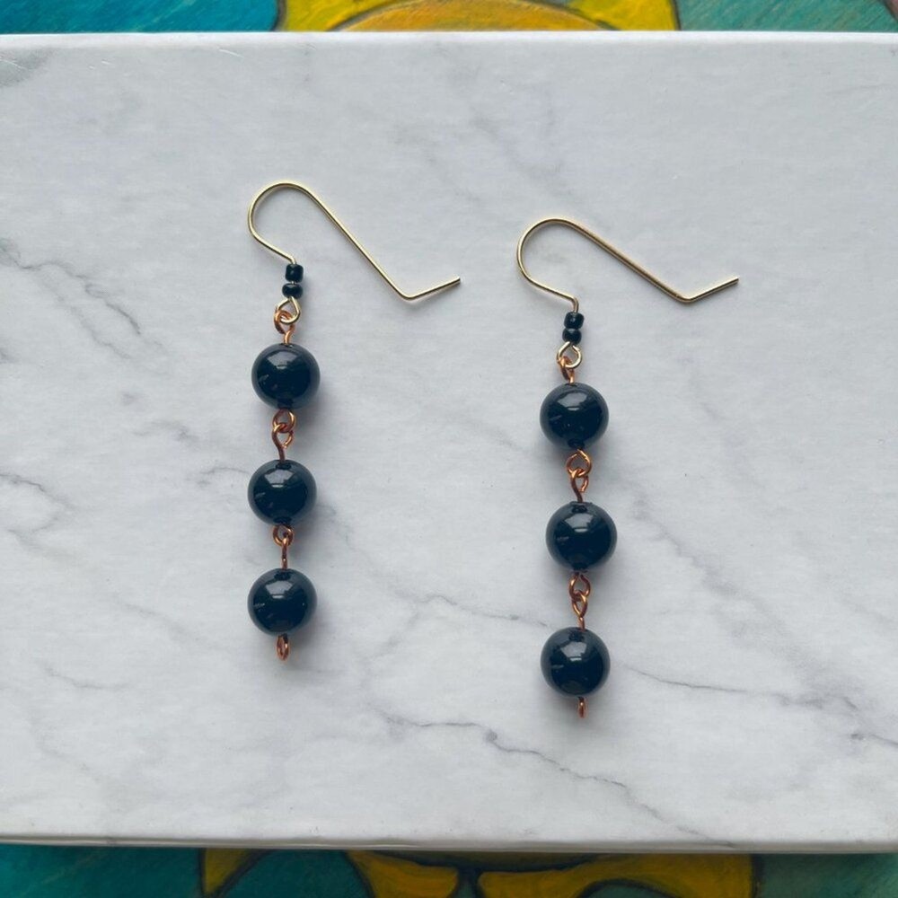 Black Round Bead Dangle Drop Earrings