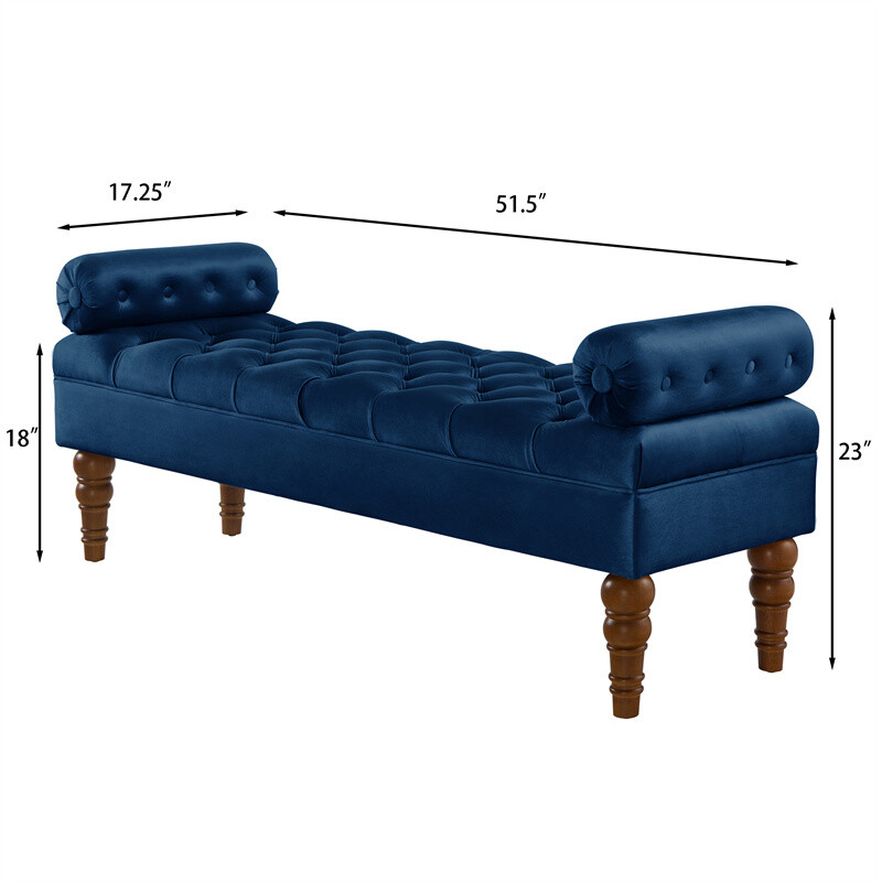 Navy Velvet Upholstered Bed Bench with Tufted Button & Armrest Entryway Bench