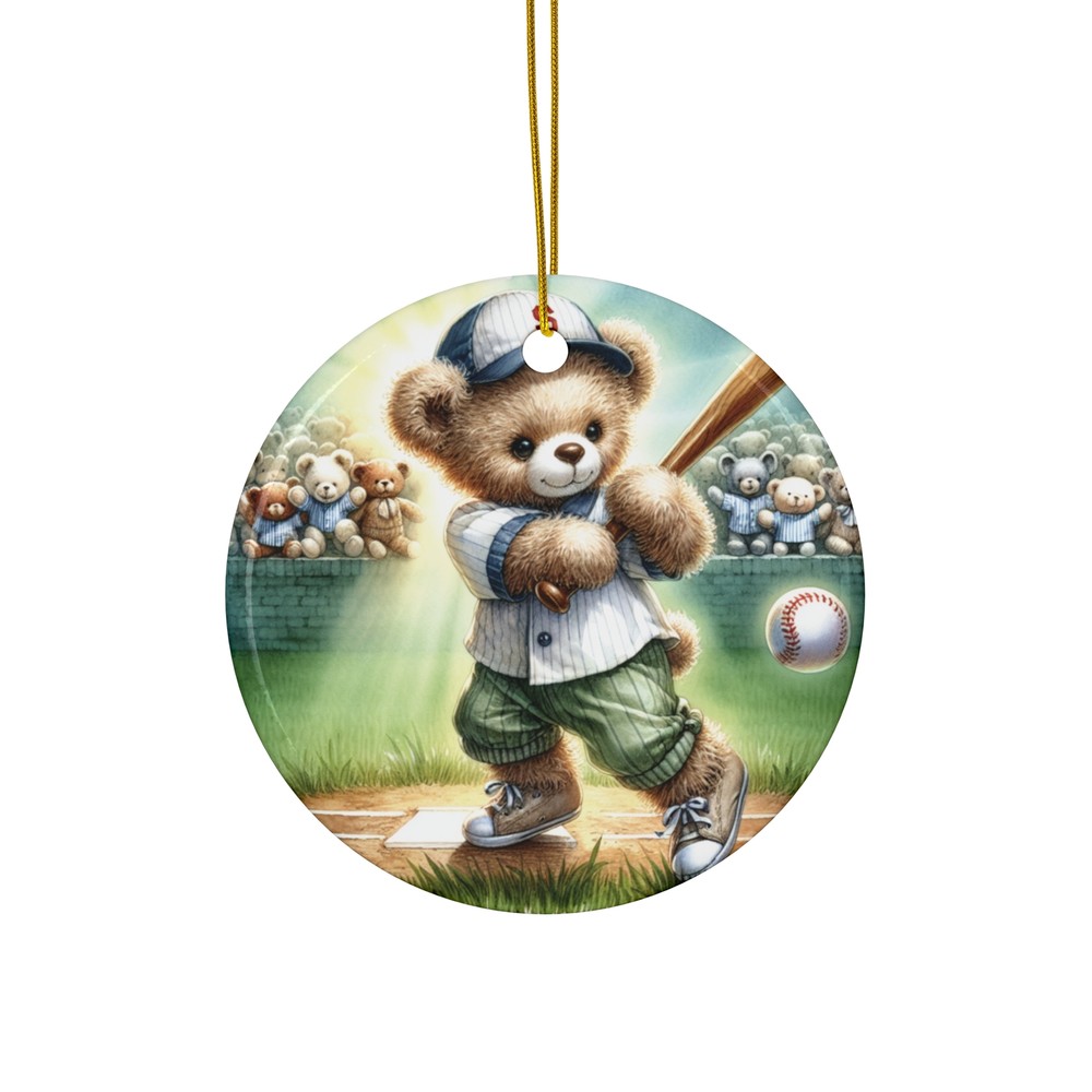 Watercolor Baseball Teddy Bear Ceramic Ornament