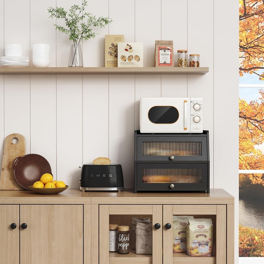 Large Bread Box for Kitchen Countertop, Black Bread Storage Container for ....