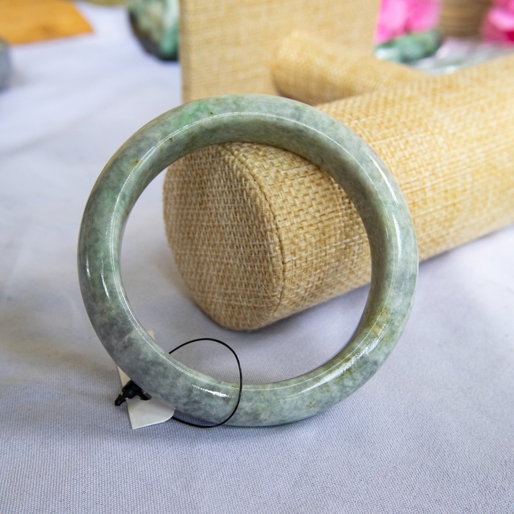 58mm Burmese Jadeite Bangle • Green & White Jade Prosperity Amulet