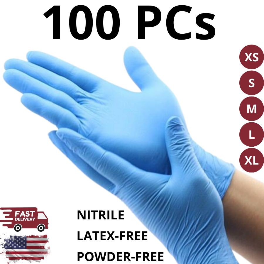 100 Pcs Blue Nitrile Exam Gloves XS/S/M/L/XL Disposable Powder-Free Latex-Free
