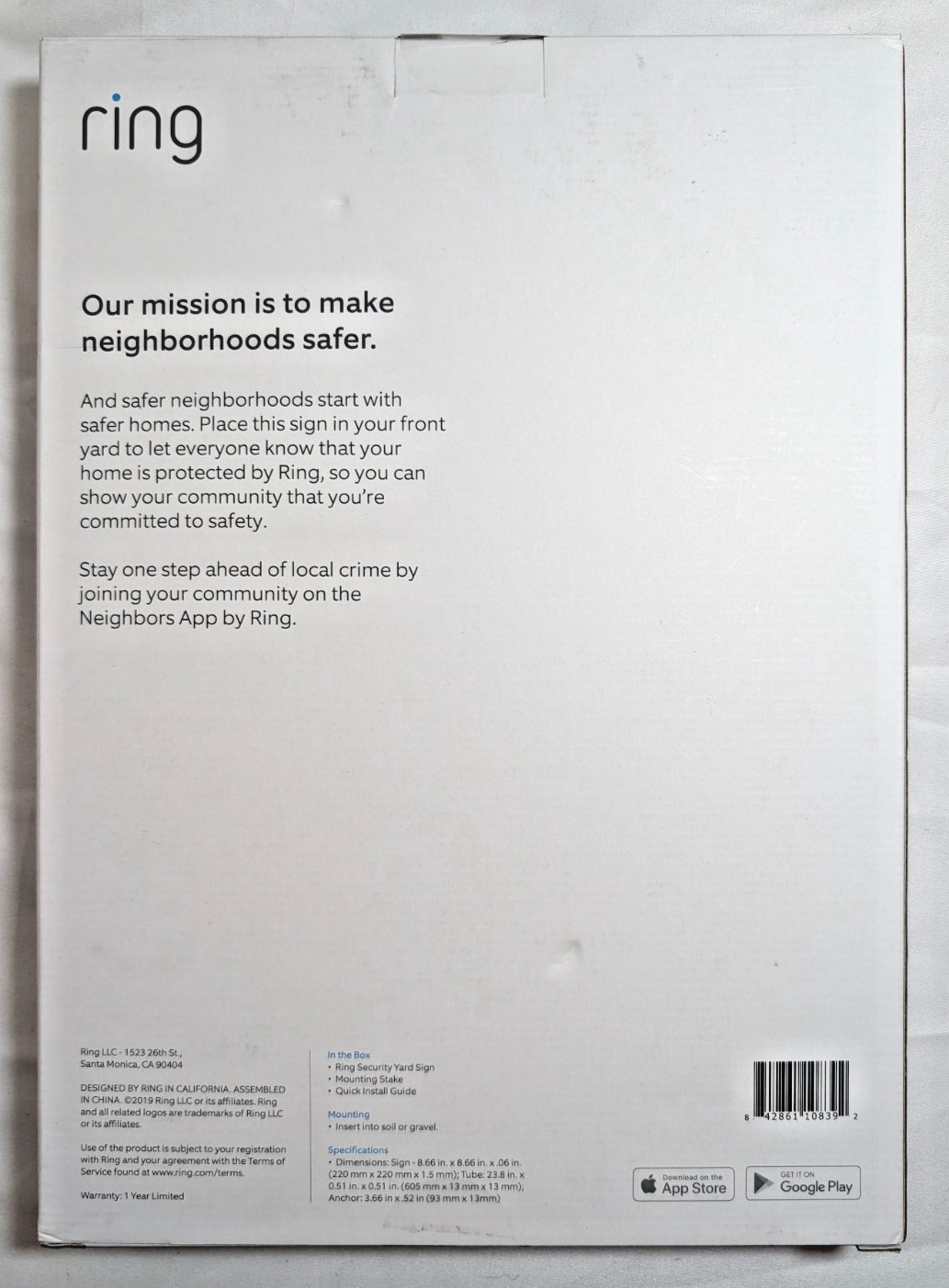 Ring Security Yard Sign Audio Video Monitoring Ultra- Reflective w/ Satin Finish