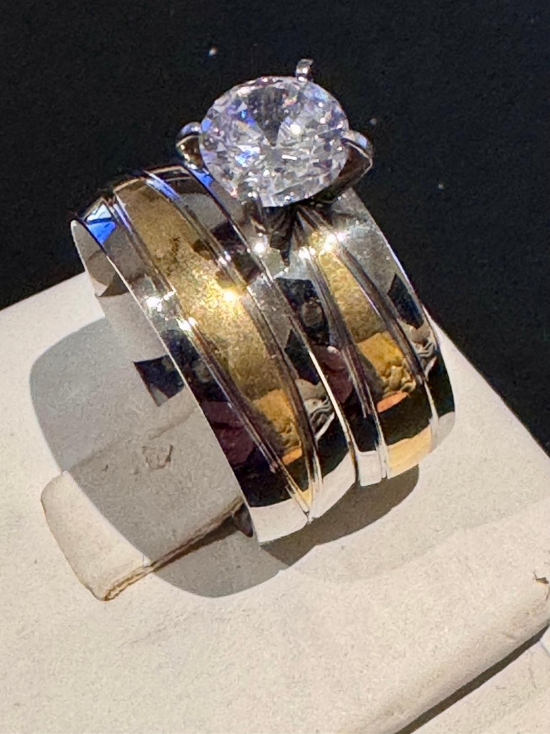 Beautiful Two Toned Stainless Steel CZ Wedding Set Size 8