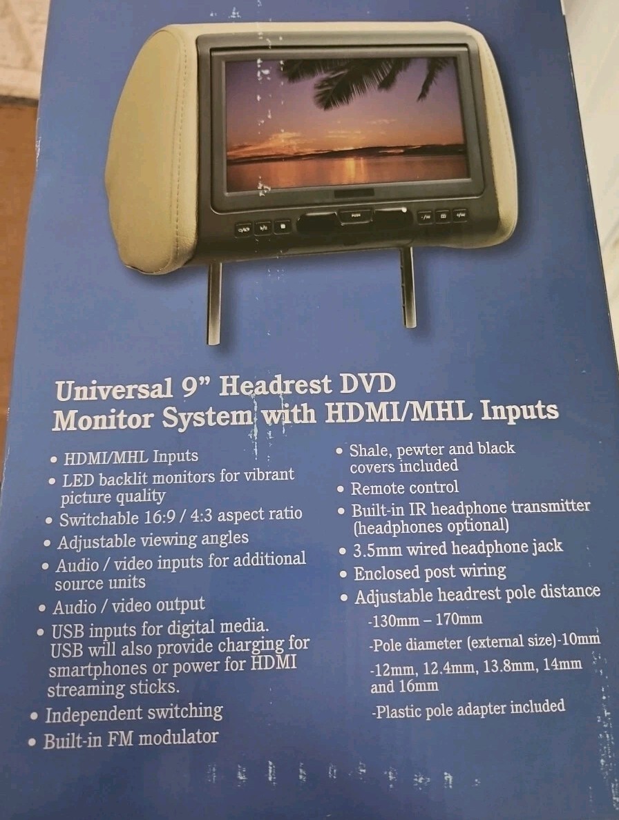 Audiovox MTG AVXMTGHR9HD 9" Headrest Monitor DVD HDMI, USB, Wireless Headphones