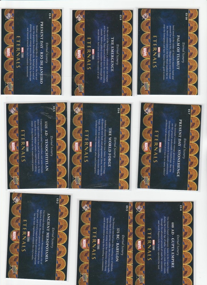 ETERNALS 2023 UPPER DECK MARVEL STUDIOS ETERNAL SCENERY INSERT LOT (9) DIFFERENT