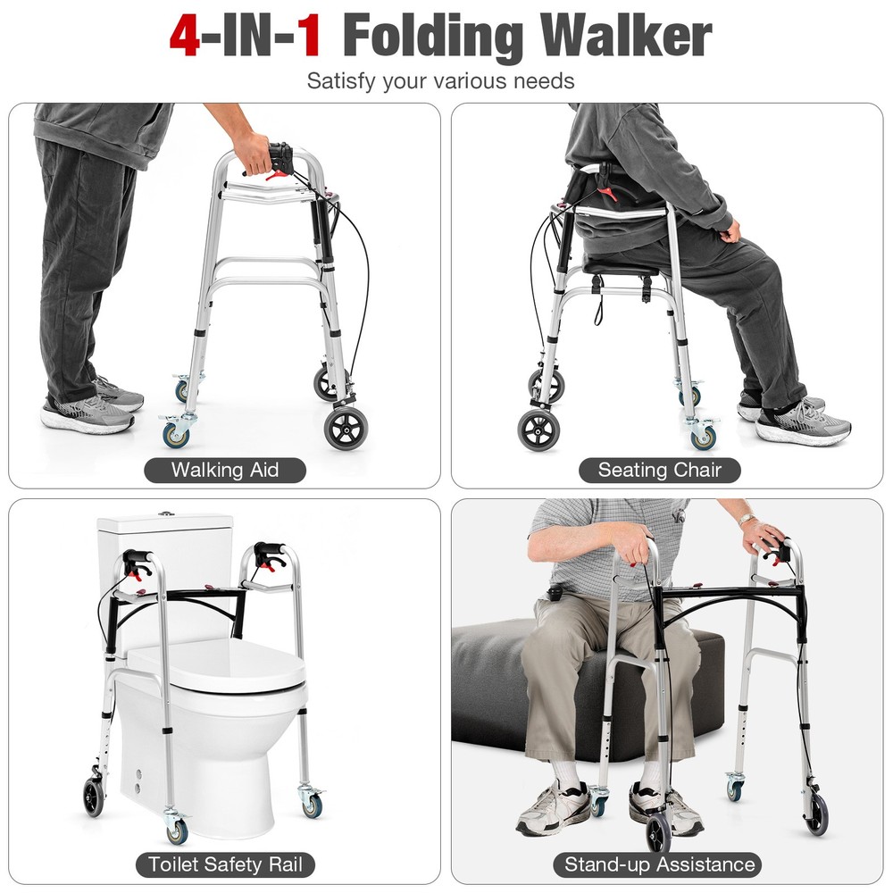 Standard Walker 2-button Folding Walker w/5" Wheels Trigger Release for Seniors