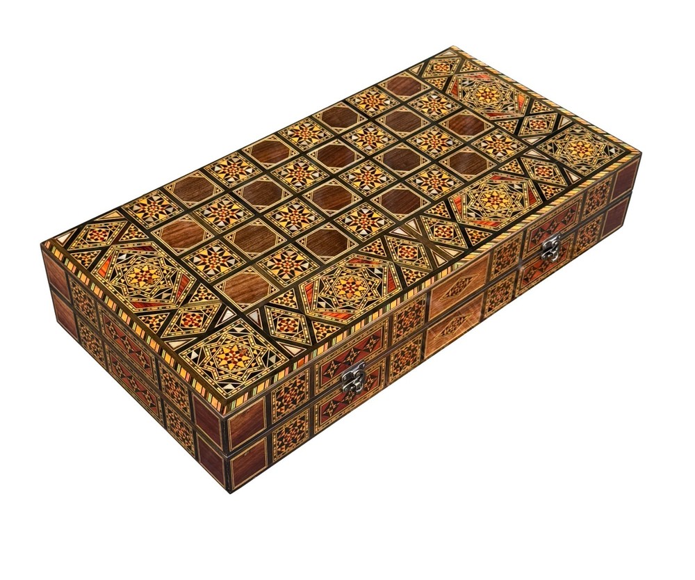 Vintage marquetry backgammon and chess board