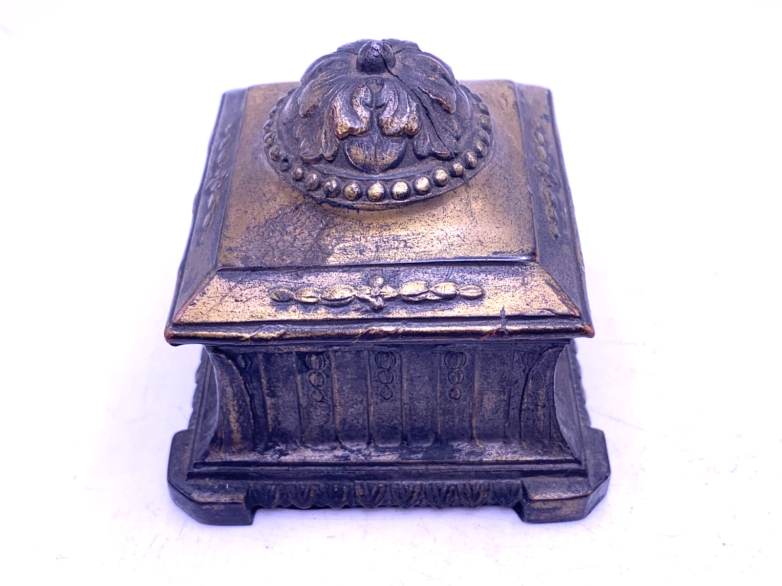 Antique Uranium Glass insert bronze inkwell very worn / damaged