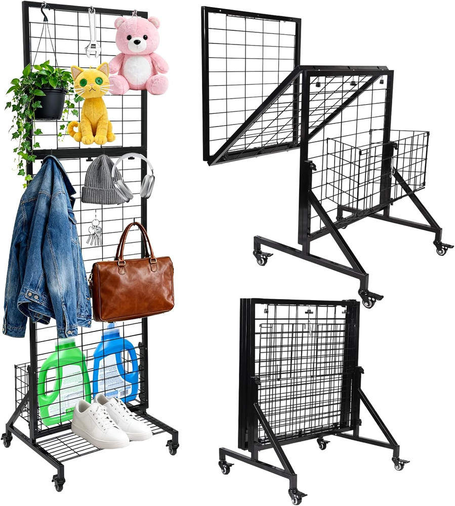 Foldable Grid Wall Panels with Baskets for Retail Display and Storage Solutions