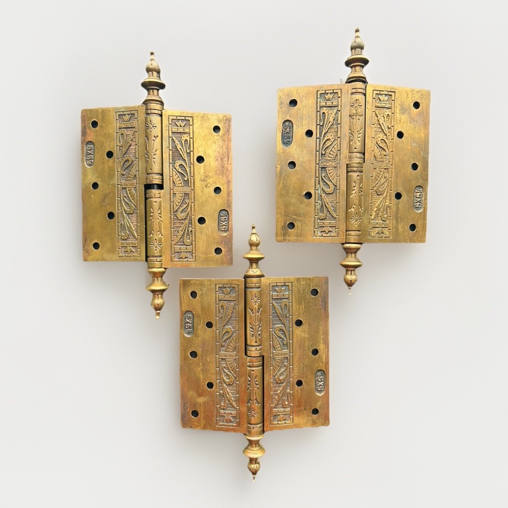 Antique 5" Solid Brass Steeple Tip Hinges (3) & Escutcheons (2) Reclaimed