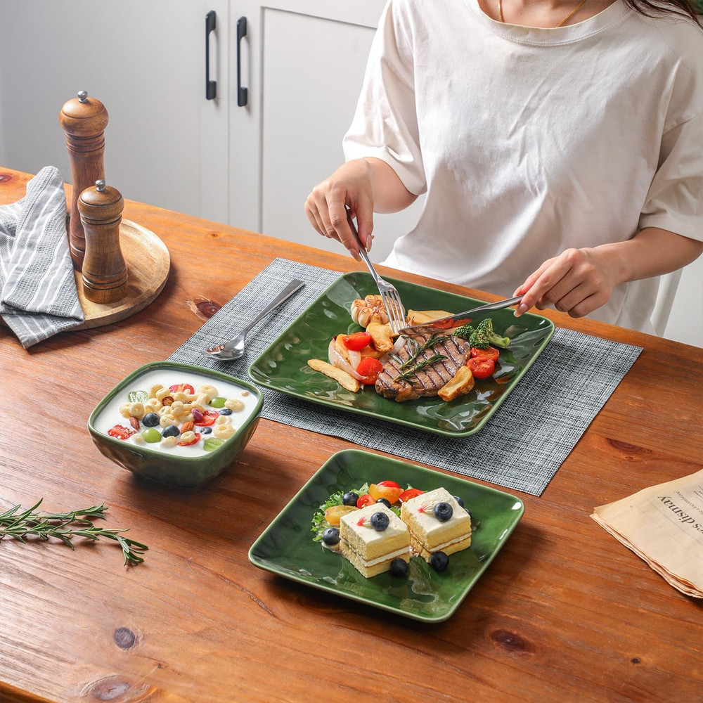 Stylish Green Ceramic 12-Piece Dinnerware Set for 4 - Scratch Resistant & Safe