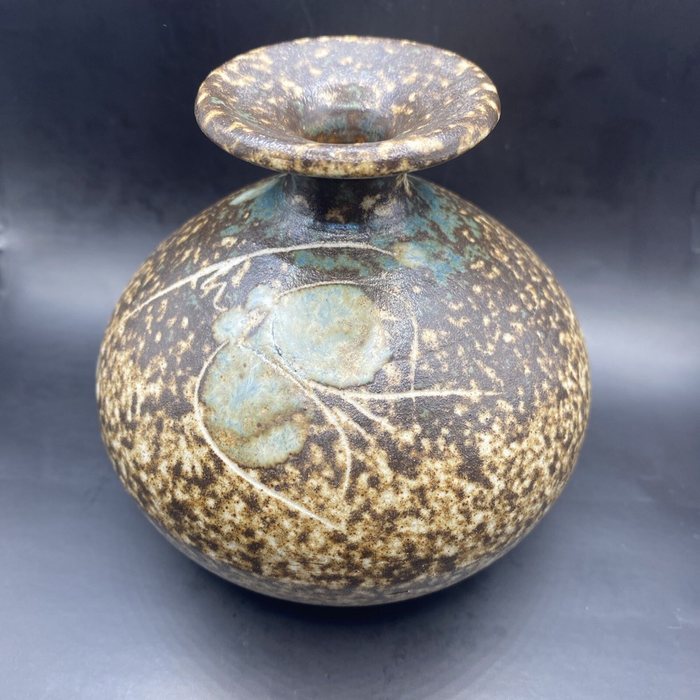 Artisan Studio Pottery Unique Brown Bulb Vase, Glazed Inside,Leaf Design, Signed