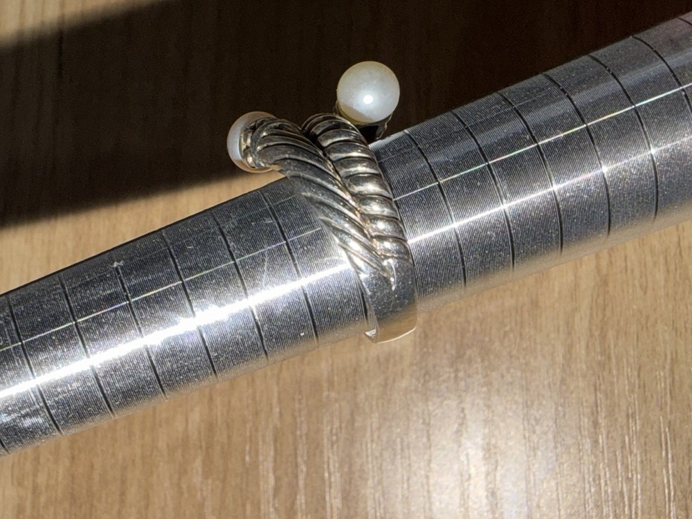 Solid 925 Sterling Silver Rope Adjustable Wire Crossover Ring Pearl 7.5