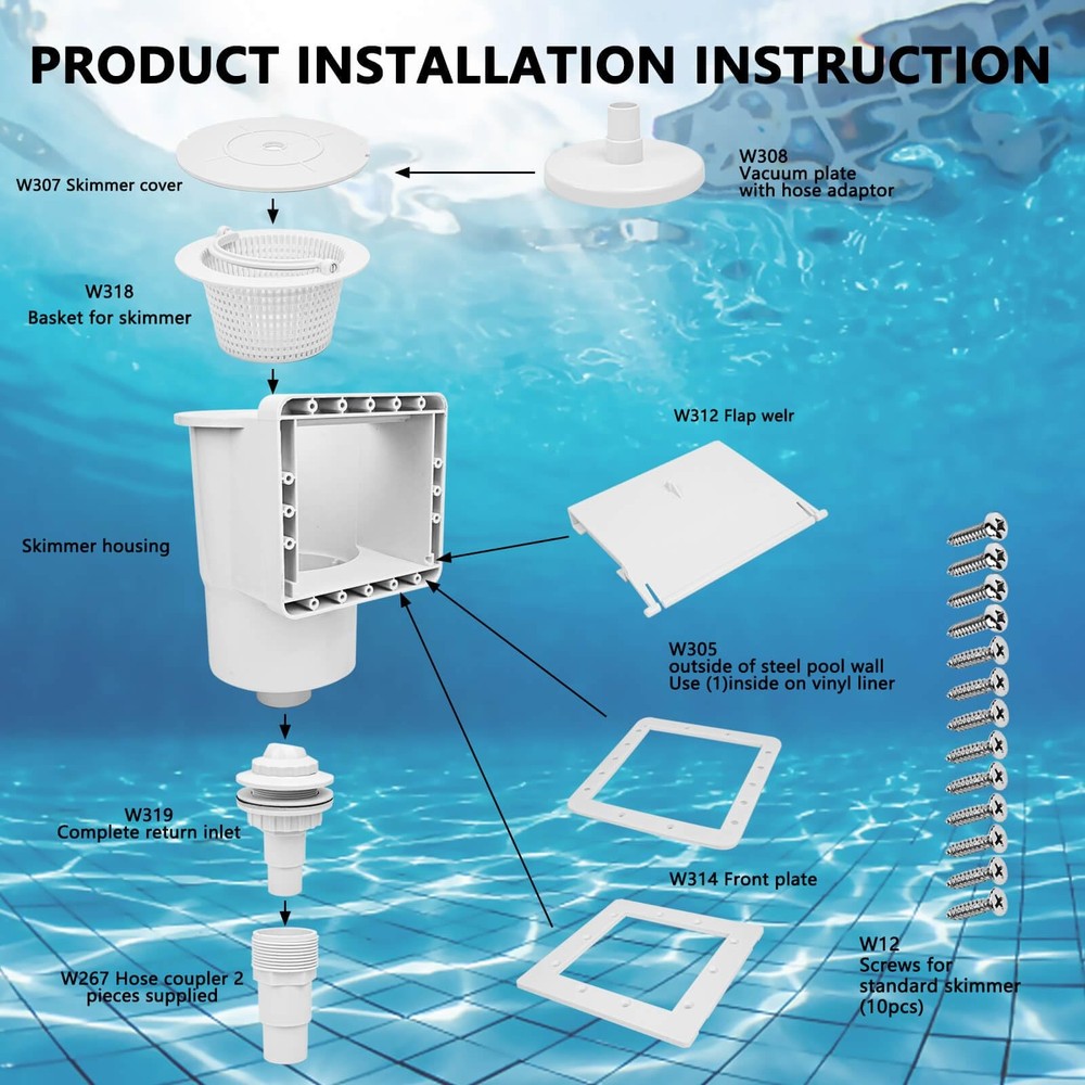 Above Ground Pool Skimmer Standard Thru-Wall with Accessory Kit