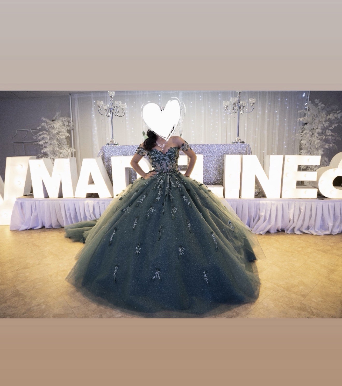 Green Off-Shoulder Ball Gown Dress with Floral Embellishments for Quinceañera