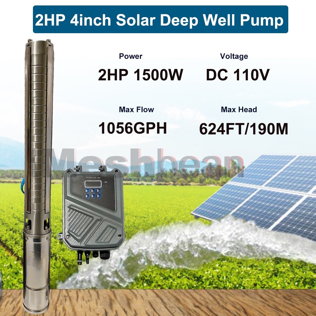 2HP 4in Solar Pump Submersible Pump Bore Deep Well Pump+MPPT Controller DC 110V